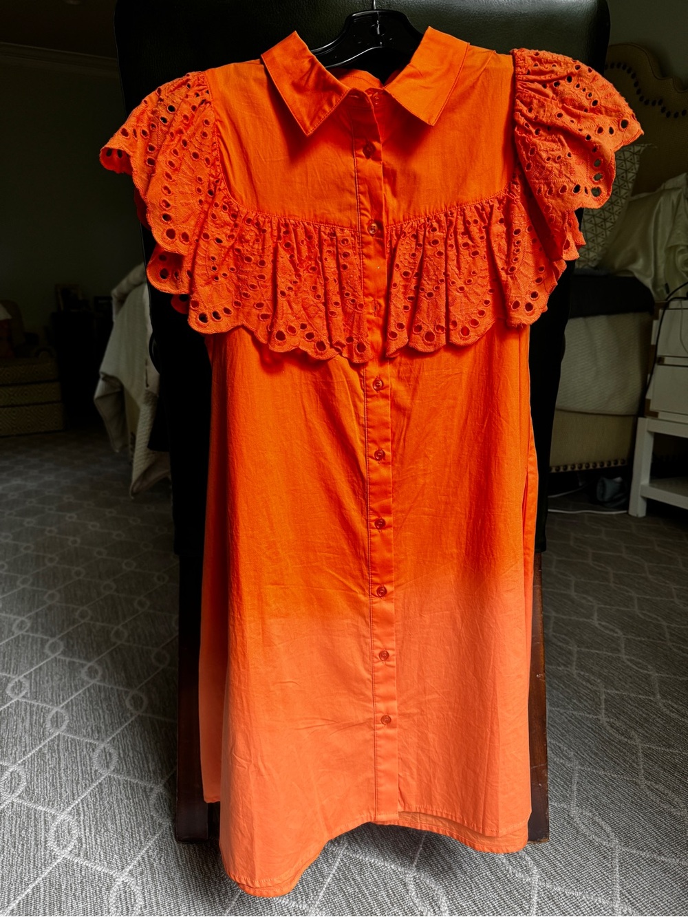 The Shirt by Rochelle Behrens Bright Orange Islet Ruffle Dress with pockets